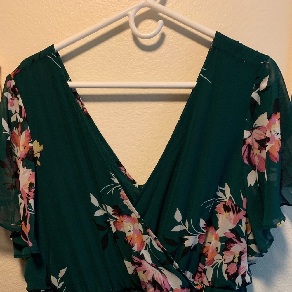 Green Floral Faux Wrap Dress
